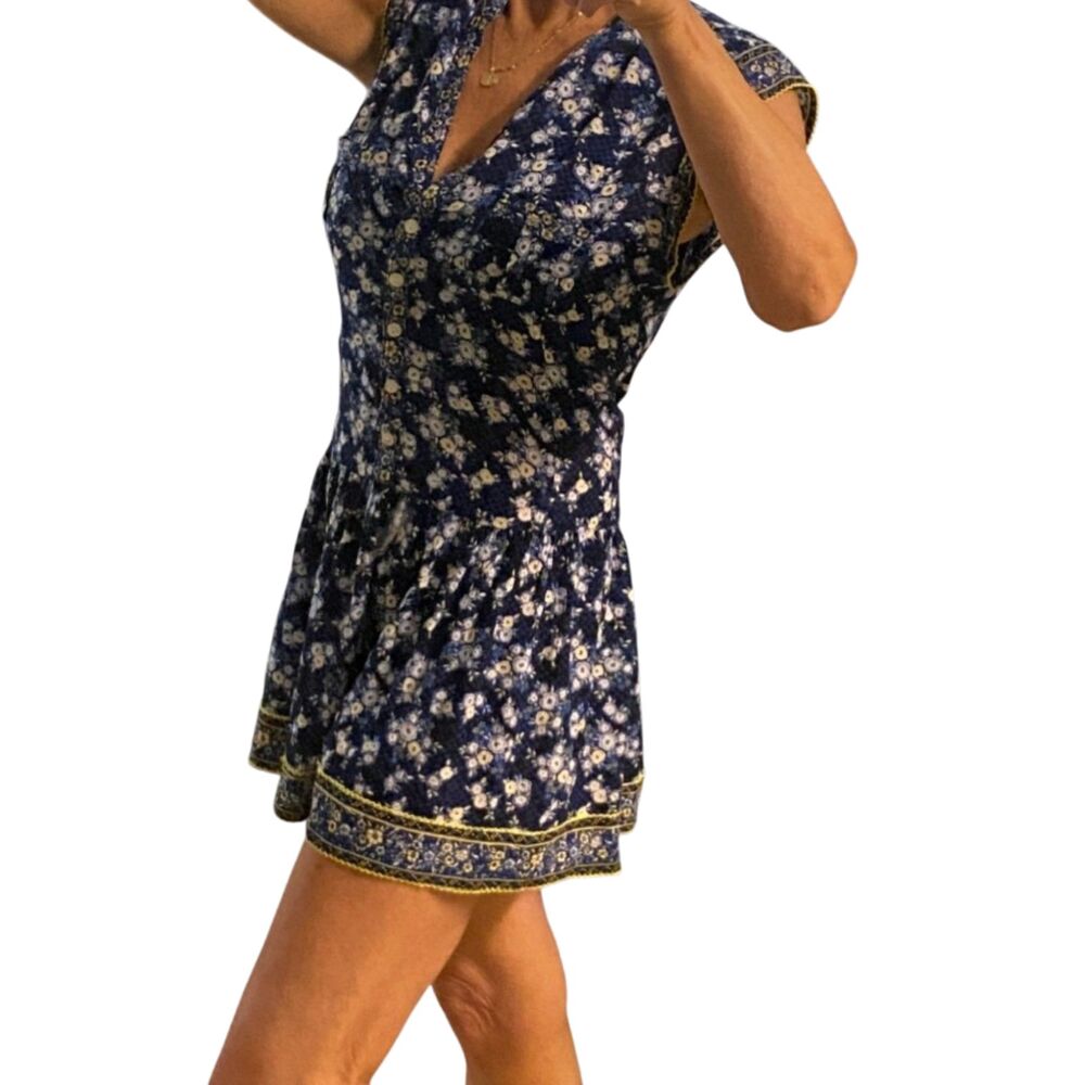 Poupette St Barth Floral Drop Waist Mini Dress Blue Black Yellow Floral Size S
